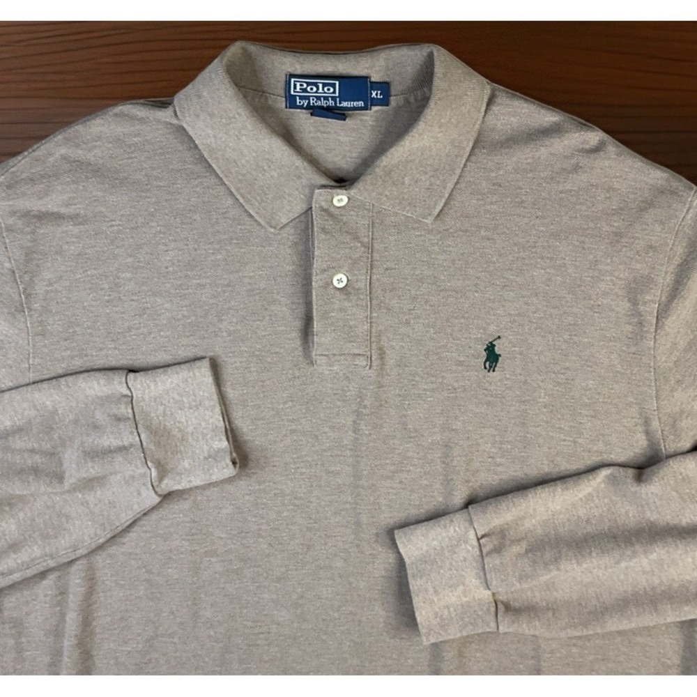 Polo Ralph Lauren Mens XL Long Sleeve‎ Pique Knit Shirt Heather Beige Pony Logo